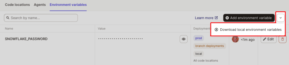 Highlighted Download local variables file in Environment Variables tab of Dagster+